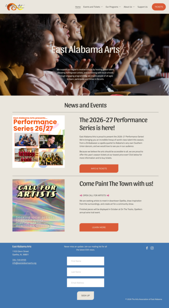 Screenshot of the East Alabama Arts website