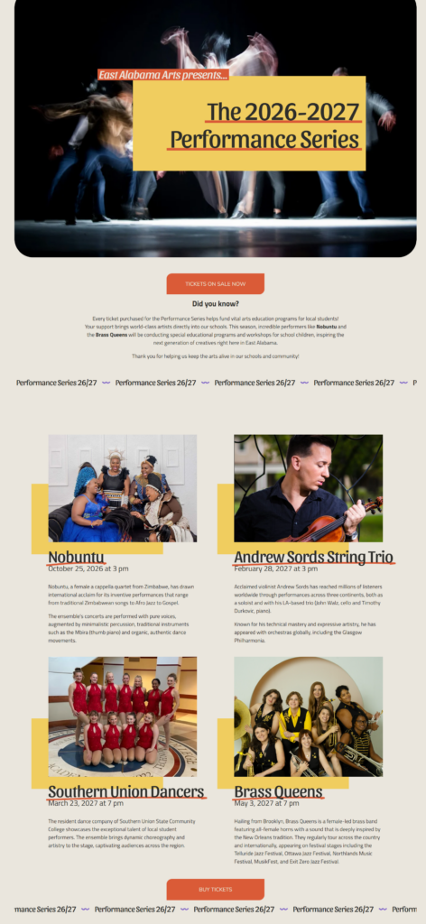 Screenshot of the East Alabama Arts website